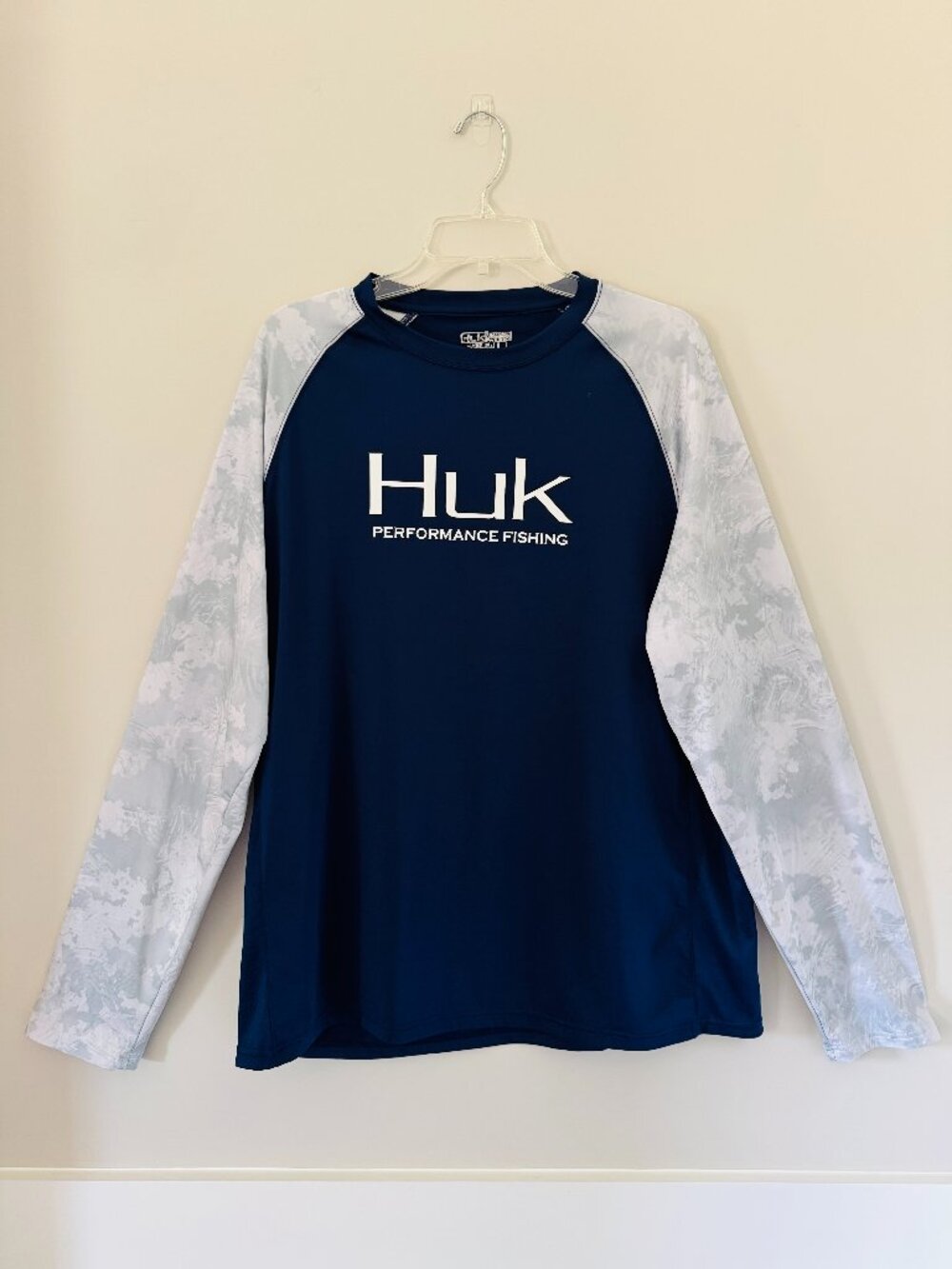 HUK Performance Fishing Long Sleeve Sun Shirts Mens L Baseball Tee Navy Blue Gre